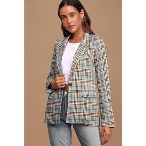 Lulus Check You Later Blue Plaid Blazer - Size XS